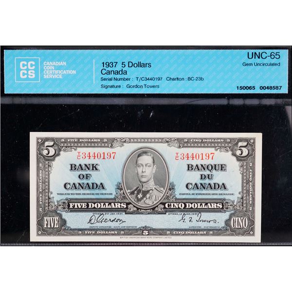 1937 $5 BC-23b #T/C3440197 CCCS Gem Uncirculated-65
