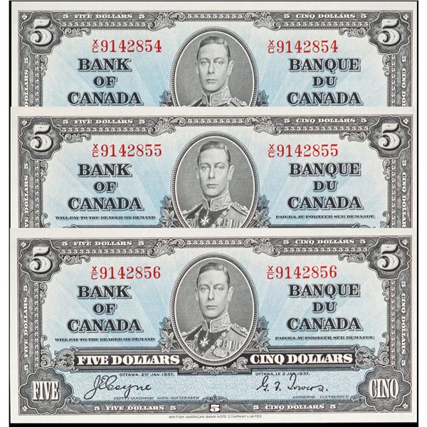 1937 $5 BC-23c #X/C9142854-856.  Superb Gem Mint State-66PPQ.  Lot of 3 consecutive notes. Better pr