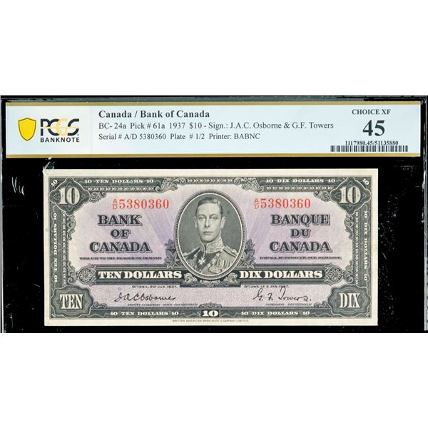 1937 $10 BC-24a #A/D5380360 PCGS Choice Extra Fine-45.  Scarce Osborne-Towers signatures.
