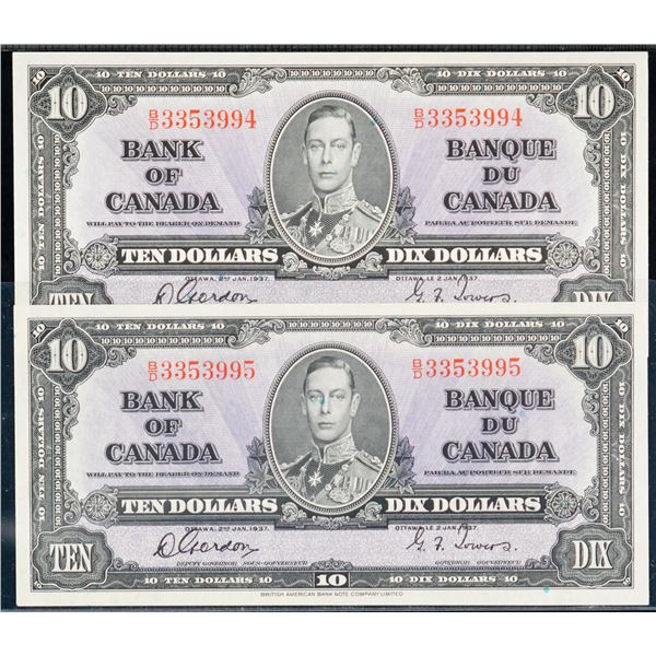1937 $10 BC-24b #B/D3353394-3995 Lot of 2 consecutive notes Uncirculated or better.