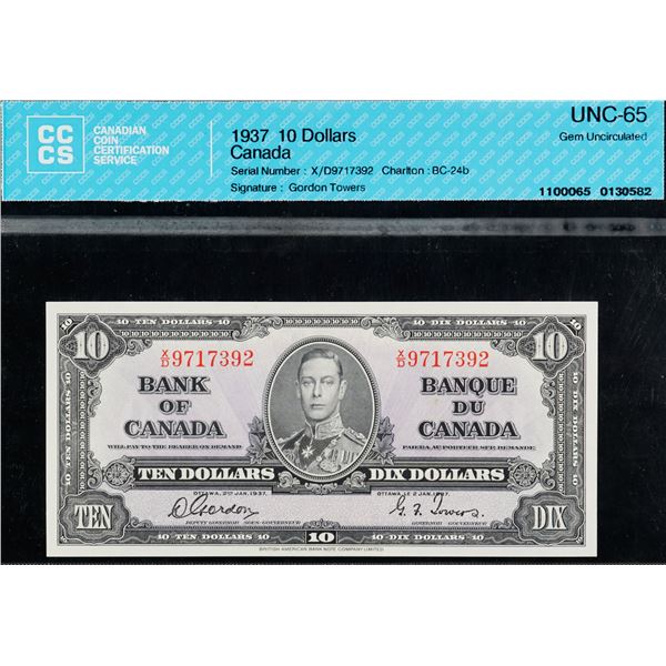1937 $10 BC-24b #X/D9717392 CCCS Gem Uncirculated-65