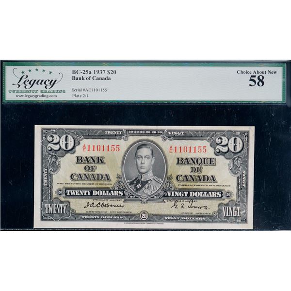 1937 $20 BC-25a #A/E1101155, Legacy Choice About Uncirculated-58.