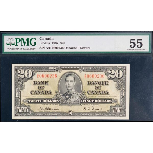 1937 $20 BC-25a Osborne-Towers signatures #AE0600236, PMG Choice About Uncirculated-55 with minor is