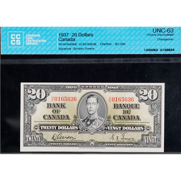 1937 $20 BC-25b #H/E0165636 CCCS Choice Uncirculated-63