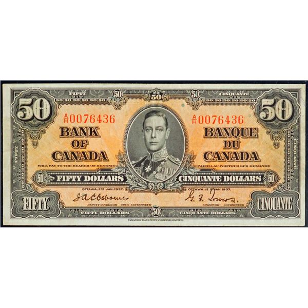 1937 $50 BC-26a Osborne-Towers signatures #AH0076436, PMG Choice Very Fine-35EPQ.  A bright example 