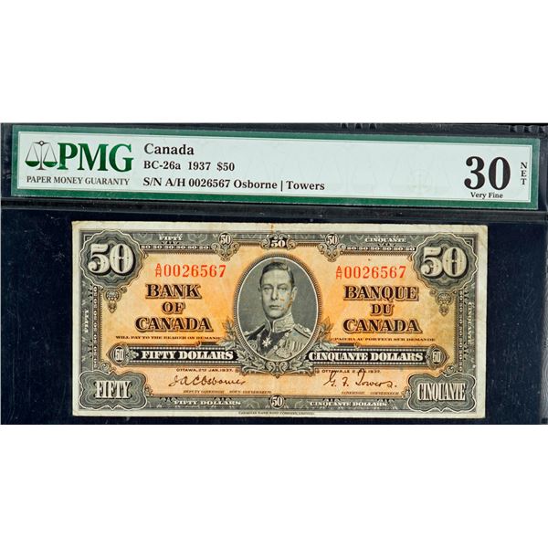 1937 $50 BC-26a #A/H0026567 PMG Choice Very Fine-30 with insignificant rust.  Scarce Osborne-Towers 