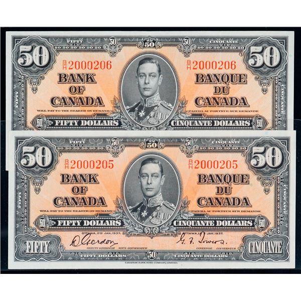 1937 $50 BC-26b #B/H2000205-206. Lot of 2 consecutive notes AU-UNC or better.