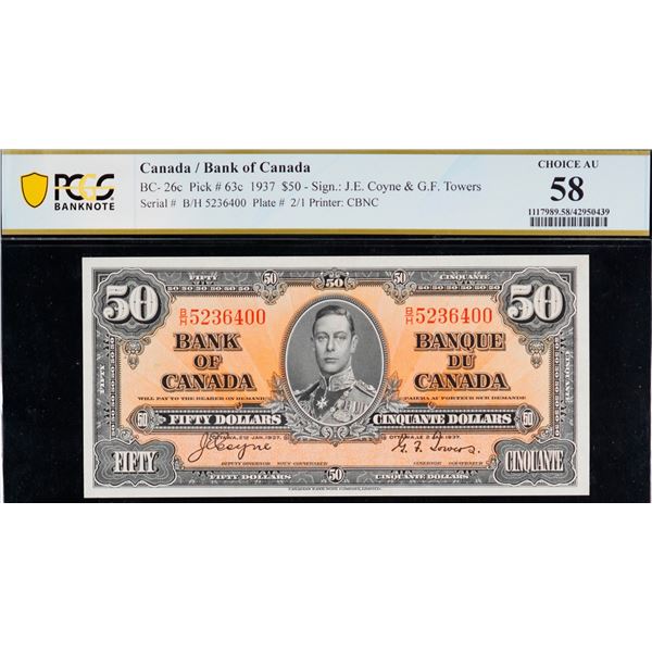 1937 $50 BC-26c #B/H5236400 PCGS Choice About Uncirculated-58
