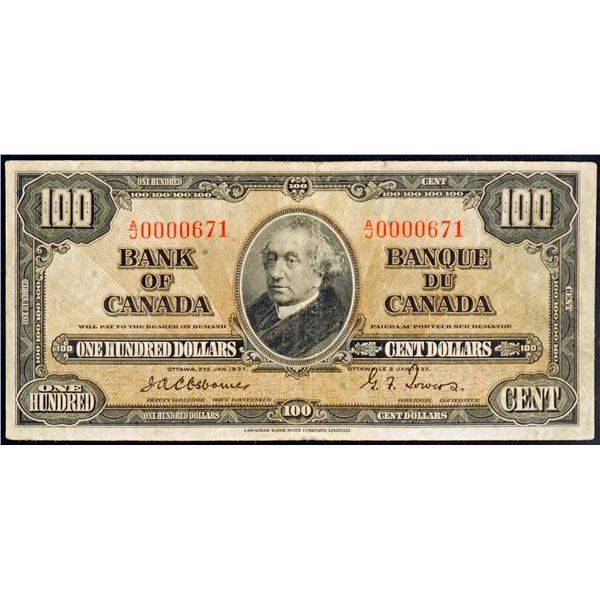 1937 $100 BC-27a Osborne-Towers signatures #AJ0000671, PMG Choice Very Fine-25.  Low serial number.