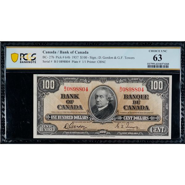 1937 $100 BC-27b #B/J0898804 PCGS Choice Uncirculated-63