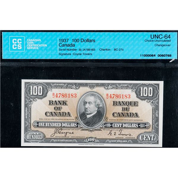1937 $100 BC-27c #B/J4786183 CCCS Choice Uncirculated-64