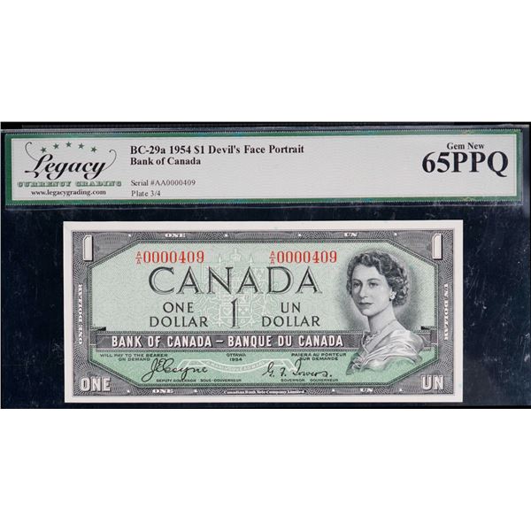 1954 $1 BC-29a #AA0000409, Legacy Gem Uncirculated-65PPQ.  Low Serial number.