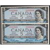 Image 1 : 1954 $5 BC-31b #G/C3315808-5809.  Lot of 2 consecutive Devil's Face notes in Choice Uncirculated or 