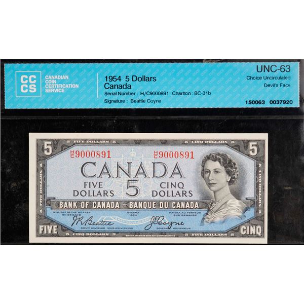 1954 $5 BC-31b #HC9000981, CCCS Choice Uncirculated-63. Devil's face
