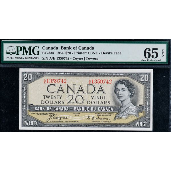 1954 $20 BC-33a #A/E13599742 PMG Gem Uncirculated-65, Devil's face