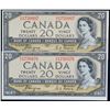 Image 1 : 1954 $20 BC-33a #B/E1750976-0997 Lot of 2 consecutive notes Uncirculated or better.