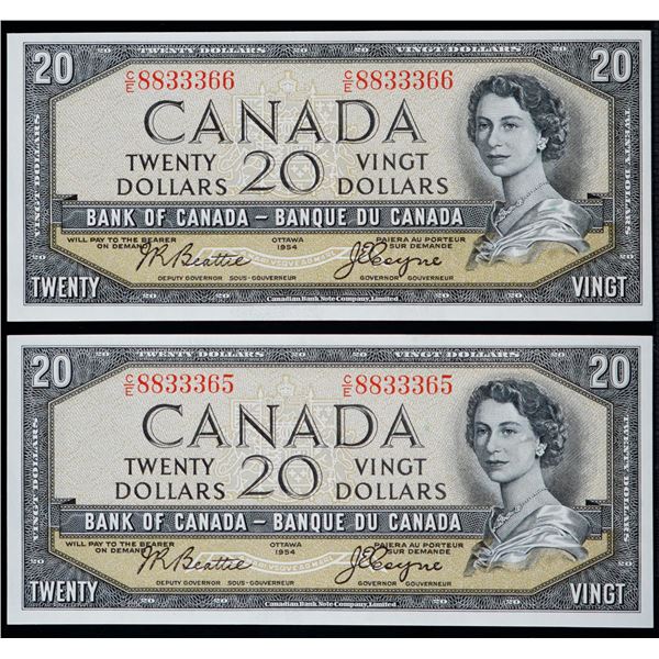 1954 $20 BC-33b #C/E8833365-3366  Lot of 2 consecutive Devil's Face notes in Choice Uncirculated or 