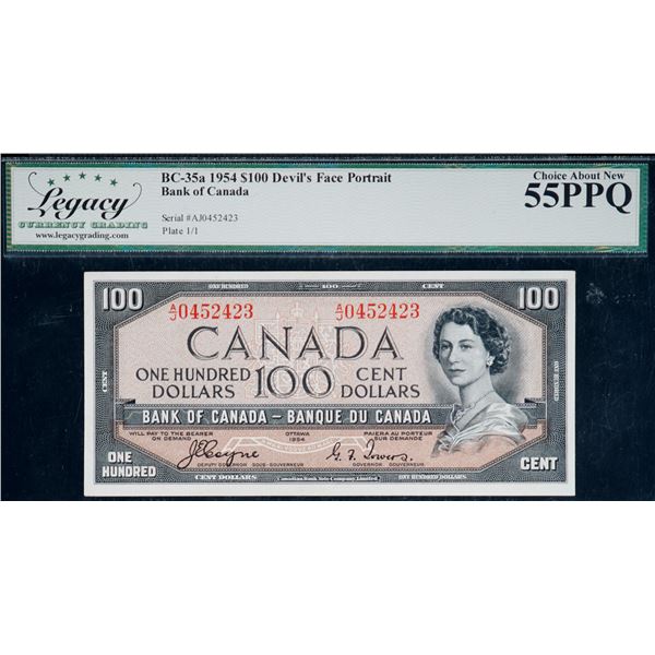 1954 $100 BC-35a #AJ0452423, Legacy Choice About Uncirculated-55PPQ. Devil's face
