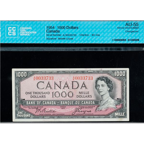 1954 $1000 BC-44a #A/K00333733 CCCS Uncirculated-60.   Scarce Beattie-Coyne signatures.