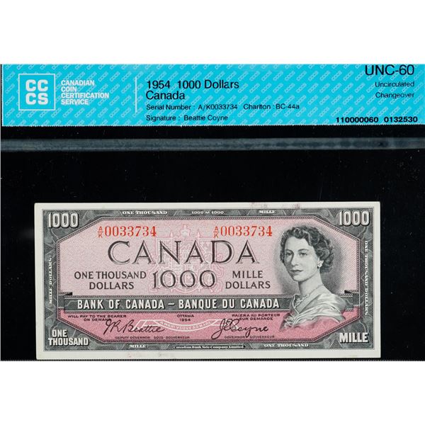 1954 $1000 BC-44a #A/K00333734 CCCS Uncirculated-60.   Scarce Beattie-Coyne signatures.