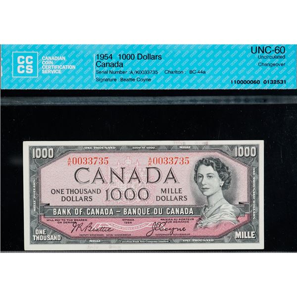 1954 $1000 BC-44a #A/K00333735 CCCS Uncirculated-60.   Scarce Beattie-Coyne signatures.
