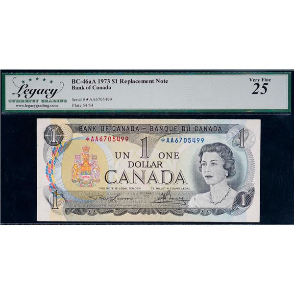 1973 $1 BC-46aA #*AA6705499, Legacy Choice Very Fine-25.  Scarce replacement.