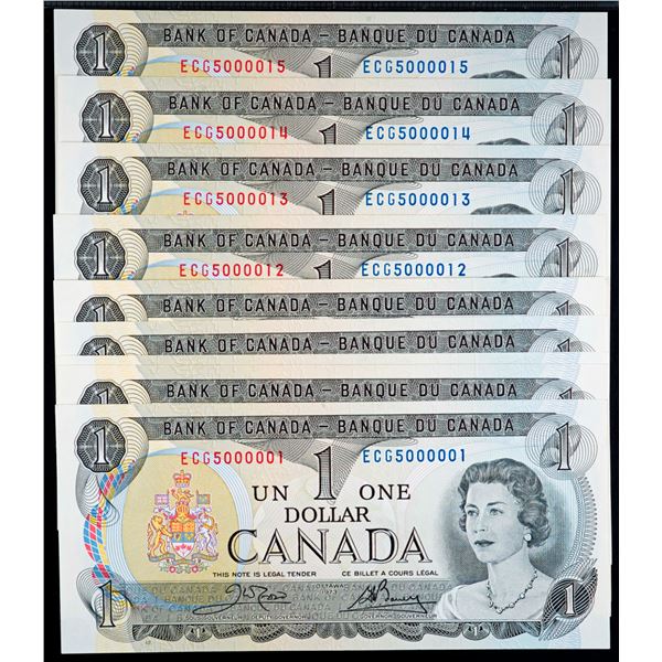 Fancy Numbers; 1973 $1 BC-46b #ECG5000001-00015.  Lot of 15 notes Choice to Gem Uncirculated.
