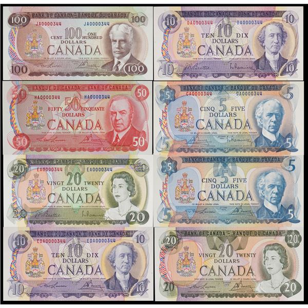 Matched Low Serial Numbered Set; Multi-colour series 1969-1979 - 8 note set! $5 to $100 #0000344, al