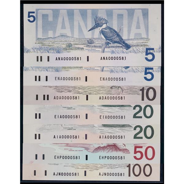 Matched Low Serial Numbered Set; Bird series 1986-1991 $5 to $100 - 7 note set! #0000851, all PCGS g