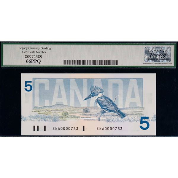 Matched Low Serial Numbered Set; Bird series 1986-1991 $5 to $100 - 7 note set! #0000733, all Legacy