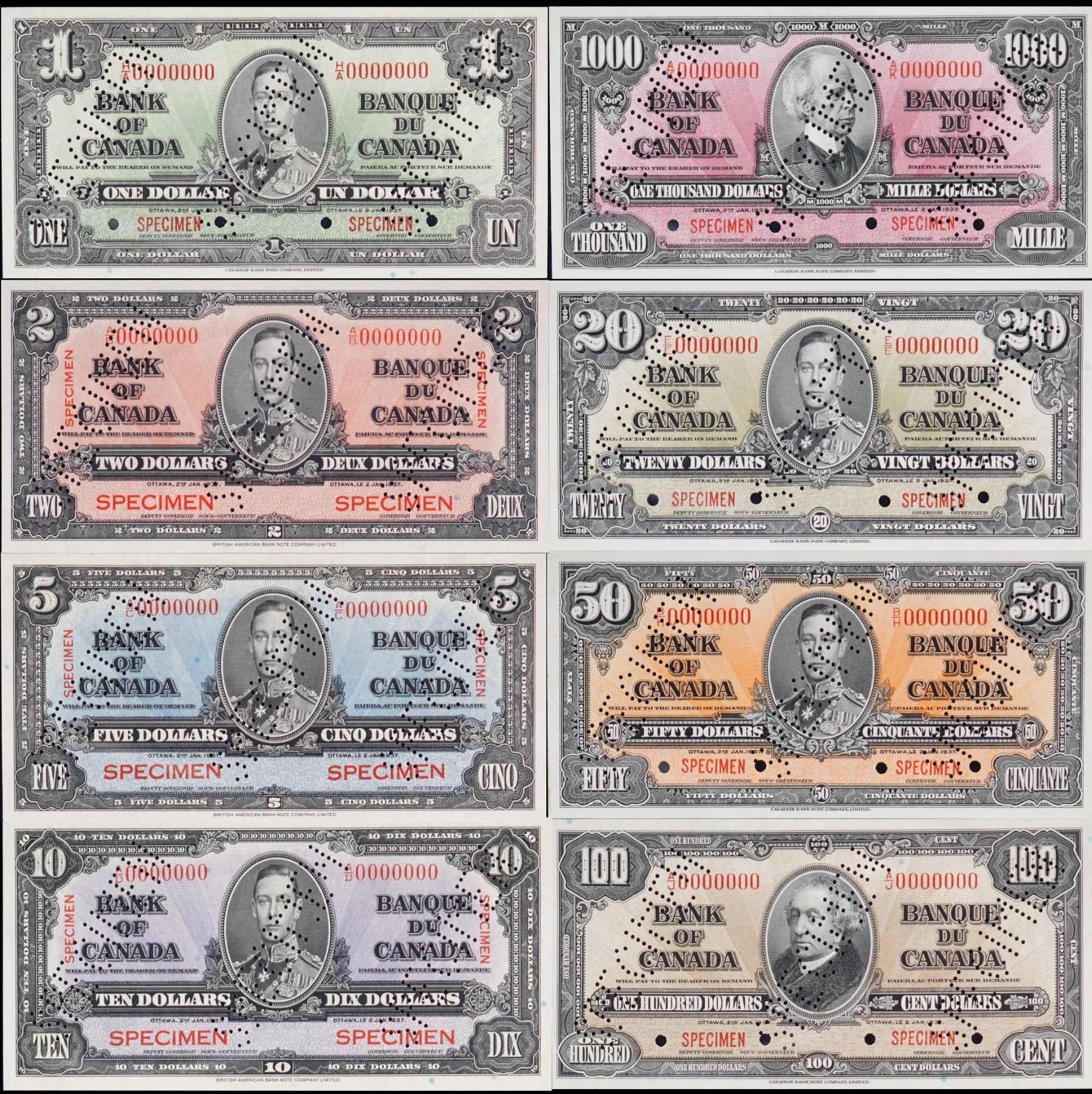1937 Silver Note 1937 SPECIMEN Banknote set. All of the notes from $1 to $1000 are ...