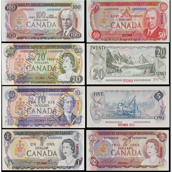 SPECIMEN Set; Multi-Coloured series 1969-1979 $1 to $100 - 9 note set! #0000000, #303, all Legacy gr