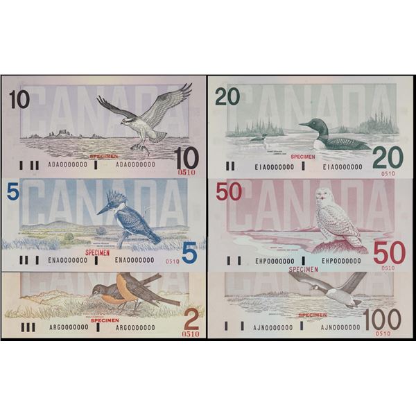 SPECIMEN Set; Bird series1986-1991 $5 to $100 - 6 note set! #0000000, #510, all Legacy graded Choice