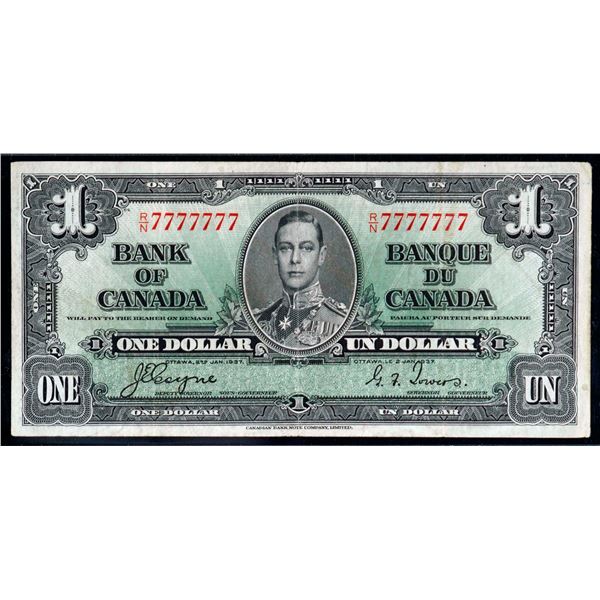 Solid; 1937 $1 BC-21d #R/N7777777 Legacy Choice Very Fine-25.  Rarely seen and offered!
