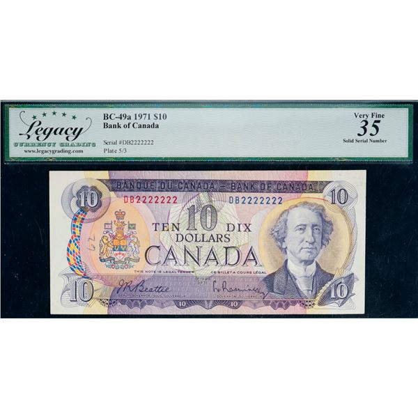 Solid;  1971 $10 BC-49a #DB2222222, Legacy Choice Very Fine-35 with minor issues.