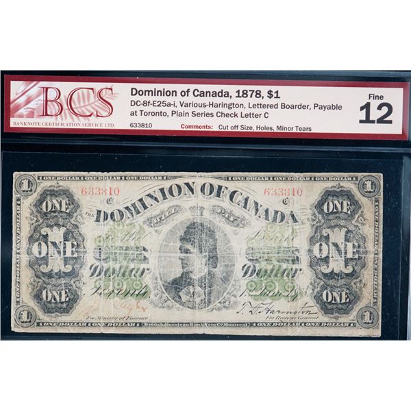 Error; 1878 $1 DC-8f-E2a-i #633810 BCS Fine-12 with issues.  Cut off size.