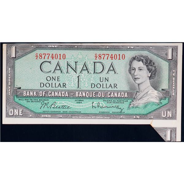Error; 1954 $1 BC-37b-i #C/Z8774010 Nice AU.  Cutting error - Extra piece attached at bottom