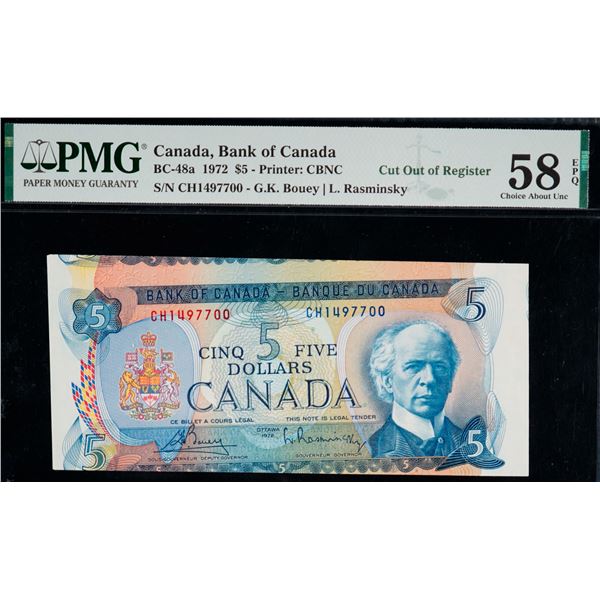 Error; 1972 $5 BC-48a #CH1497700 PMG Choice About Uncirculated-58EPQ - Cut out of register.  A porti