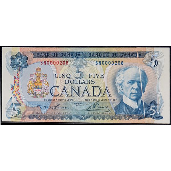Error & Low Number; 1972 $5 BC-48b #SN0000208 - Gutterfold on face.  Bright EF example.