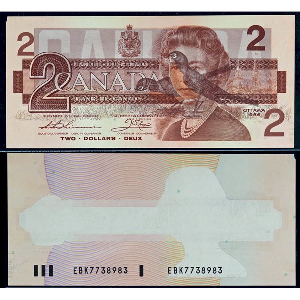 Double Error; 1986 $2 BC-55b #EBK7738983 Legacy Choice Extra Fine-45. Face printing on back (100% Of