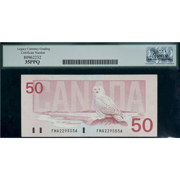 Error;  1988 $50 BC-58d #FMA2295556, Legacy Choice Very Fine-35PPQ w/Ink (roller) smears on Face