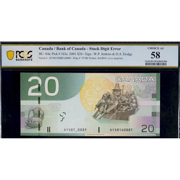 Double Error; 2004 $20 BC-64a #AYS8150881-AYS8160881 PCGS Choice About Uncirculated-58.  Mismatched 