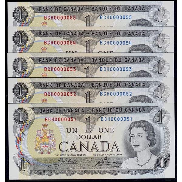 Low Numbers; 1973 $1 BC-46b #BCH0000051 to 0000055. All 5 notes PMG Superb Gem Uncirculated-66PPQ to
