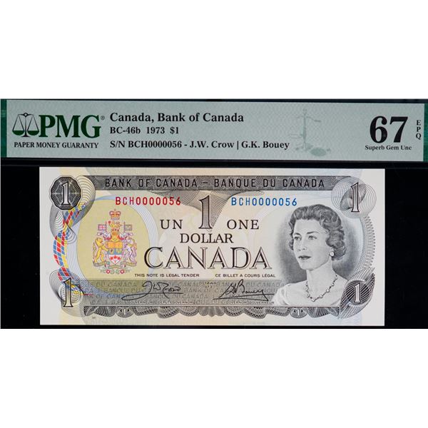 Low Numbers; 1973 $1 BC-46b #BCH0000056 to 0000060. All 5 notes PMG Superb Gem Uncirculated-67PPQ.