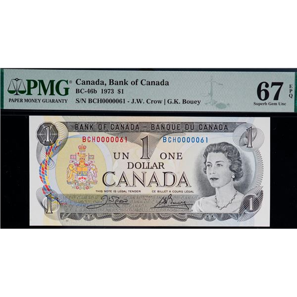 Low Numbers; 1973 $1 BC-46b #BCH0000061 to 0000065. All 5 notes PMG Superb Gem Uncirculated-67PPQ.