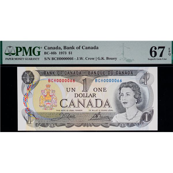 Low Numbers; 1973 $1 BC-46b #BCH0000066 to 0000070. All 5 notes PMG Superb Gem Uncirculated-67PPQ.