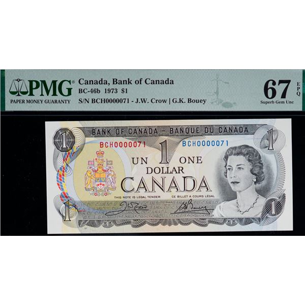 Low Numbers; 1973 $1 BC-46b #BCH0000071 to 0000075. All 5 notes PMG Superb Gem Uncirculated-67PPQ.