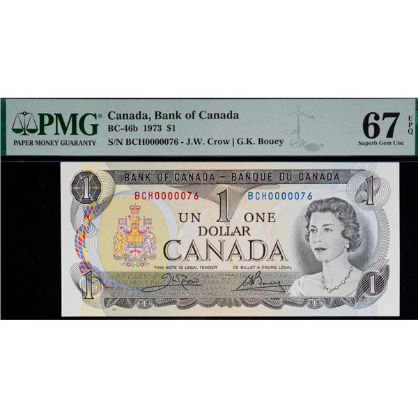 Low Numbers; 1973 $1 BC-46b #BCH0000076 to 0000080.  All 5 notes PMG Superb Gem Uncirculated-67PPQ.