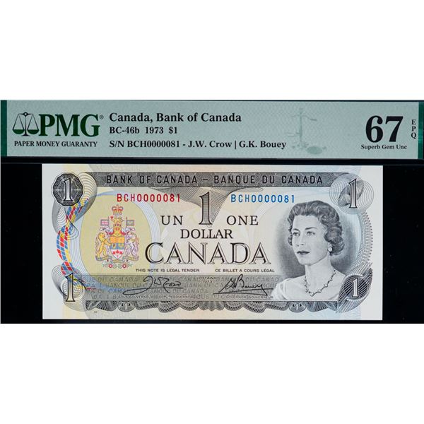 Low Numbers; 1973 $1 BC-46b #BCH0000081 to 0000085. All 5 notes PMG Gem Uncirculated-65PPQ to 67PPQ.