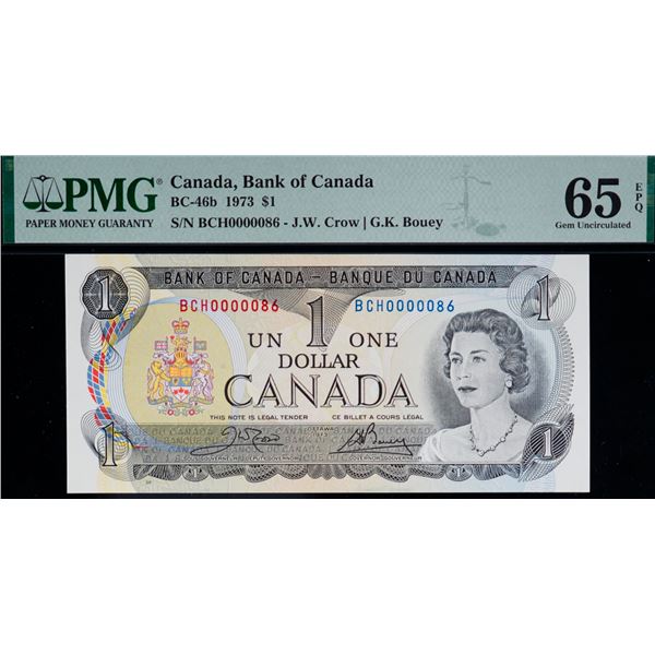 Low Numbers; 1973 $1 BC-46b #BCH0000086 to 0000090. All 5 notes PMG Gem Uncirculated-65PPQ.